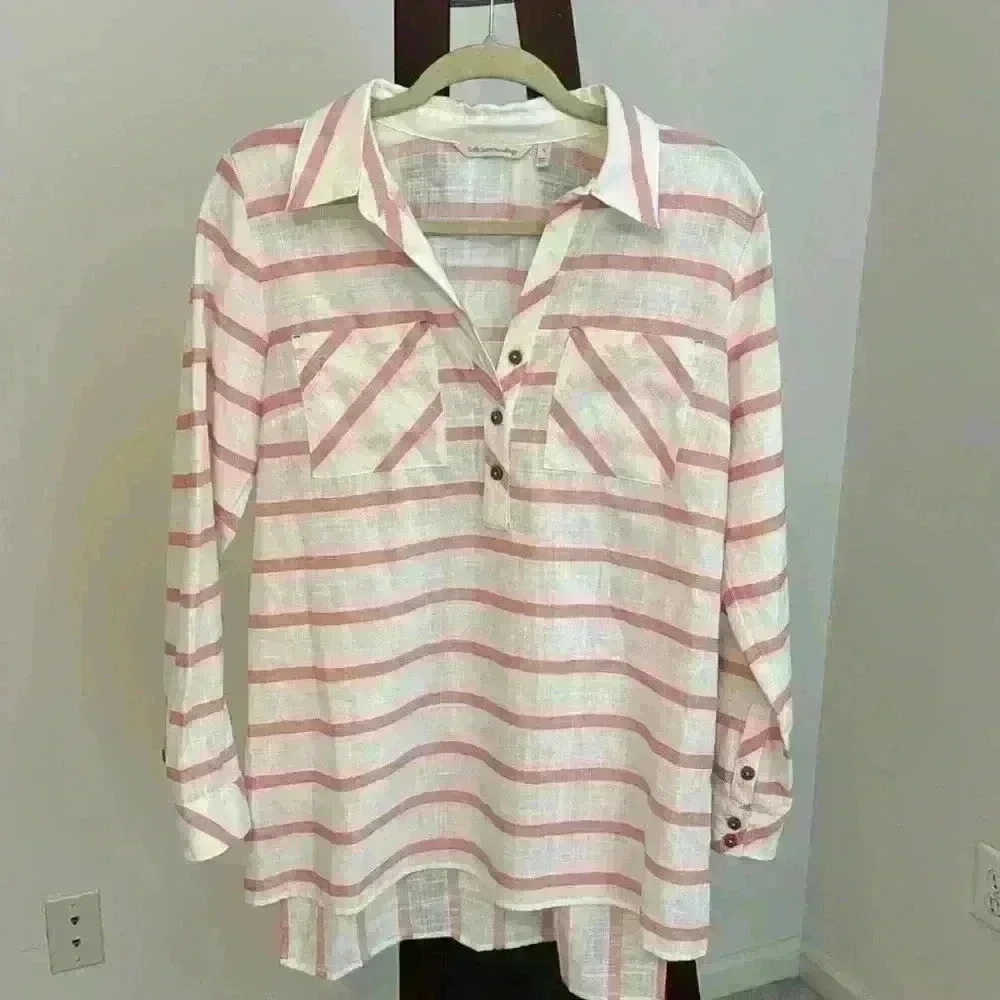 Soft Surroundings 100% Cotton Long Sleeve Coral Striped Tunic Sz S
